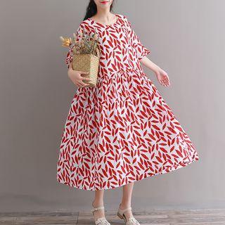 Elbow-sleeve Leaf Print A-line Midi Dress