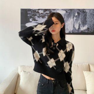 Cropped Argyle Polo Sweater Black - One Size