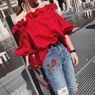 Puff Sleeve Off Shoulder Blouse Red - One Size
