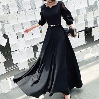 3/4-sleeve Mesh Panel Maxi A-line Dress