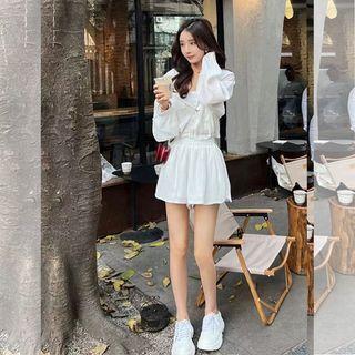 Set : Plain Hooded Top + High-waist Shorts