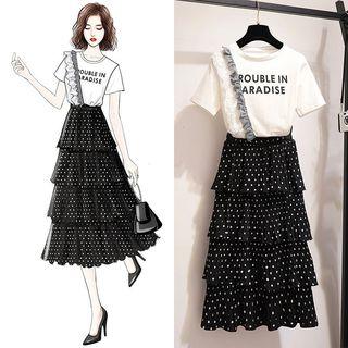 Set: Short-sleeve Lettering T-shirt + Dotted Tiered Midi Skirt