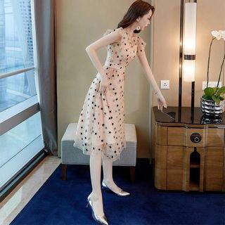 Cap-sleeve Star Patterned Mesh A-line Midi Dress
