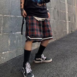 Contrast Stripe Plaid Straight-cut Shorts