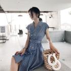 Pinstriped Cap-sleeve A-line Midi Dress