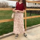 Short-sleeve Knit Buttoned Top / Heart Print Midi Skirt