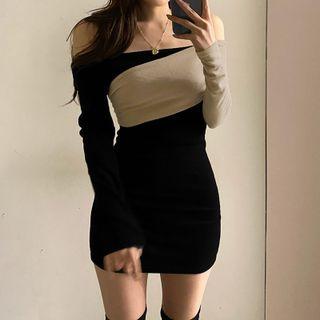 Long-sleeve Off-shoulder Two-tone Skinny Dress