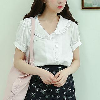 Frilled Shawl-collar Puff-sleeve Blouse