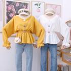 Gather-waist Ruffled-trim V-neck Blouse