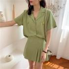 Flower Embroidered Short-sleeve Shirt / High Waist Mini Skirt