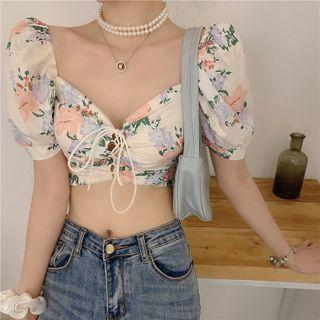 Short-sleeve Floral Cropped Top Pink Flowers - White - One Size
