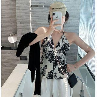 V-neck Print Sleeveless Top White & Black - One Size
