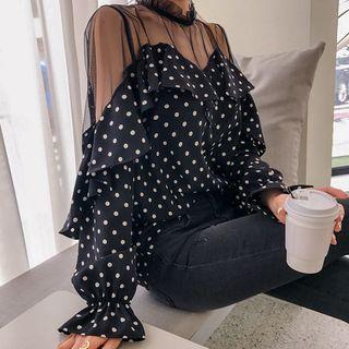 Tulle-yoke Ruffled Polka-dot Blouse