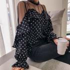 Tulle-yoke Ruffled Polka-dot Blouse