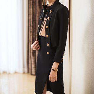 3/4-sleeve Blazer / Tie Neck Blouse / Pencil Skirt / Set