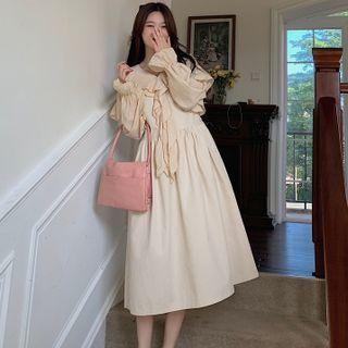 Long-sleeve Ruffled Blouse / Midi A-line Overall Dress