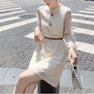 Mesh Panel Stand Collar Lace Mini Shift Dress