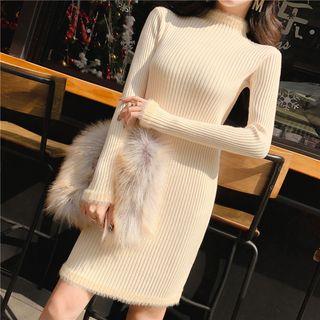 Fray Trim Mock Neck Knit Sheath Dress