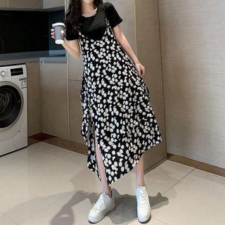Set : Daisy Spaghetti-strap Dress + Short-sleeve Top