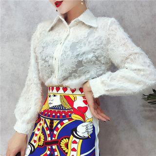 Set : Long-sleeve Blouse + Print Mini Skirt