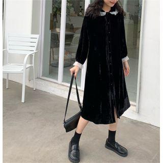 Long-sleeve Velvet Shirt Dress Black - One Size