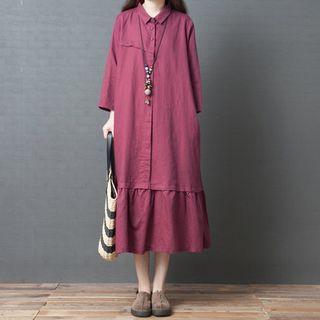 Linen Long-sleeve Midi A-line Shirt Dress