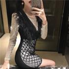 Sequined Long-sleeve T-shirt/ Fringed Mini Pinafore Dress