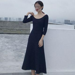 Scoop-neck Long-sleeve A-line Midi Dress