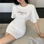 Round-neck Elbow Sleeve Tie-waist Letter Printed T-shirt Dress As Shown In Figure - One Size