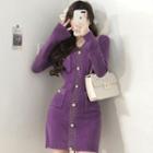 Long-sleeve Button-up Knit Mini Dress Purple - One Size