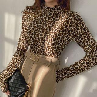 Mockneck Leopard Velvet Top Brown - One Size