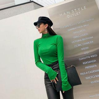 Wool Blend Shirred Turtle-neck Top