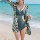 Spaghetti Strap Cutout Swimsuit / Leaf Print Cover-up Jacket