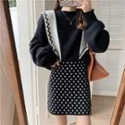 Set: Mock Two Piece Plain Sweater + High-waist Polka Dot Skirt Black - One Size