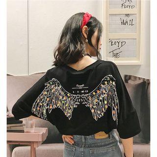 Wide Short-sleeve T Shirt Wings Glitter Top Black - Xxxs