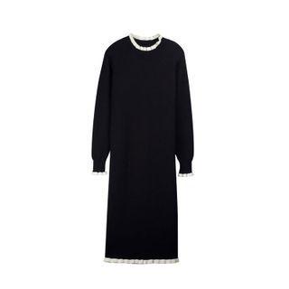 Long-sleeve Contrast Trim Knit Midi Dress Black - M