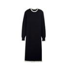 Long-sleeve Contrast Trim Knit Midi Dress Black - M