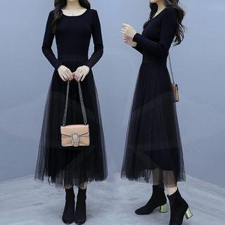 Long-sleeve Plain Knit Panel Mesh A-line Dress