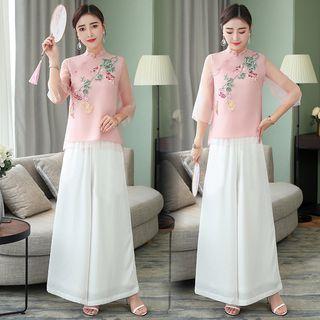 Set: Embroidered 3/4-sleeve Top + Wide Leg Pants