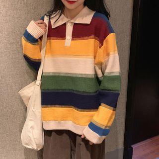 Polo-collar Color-block Stripe Knit Pullover Yellow & Black - One Size