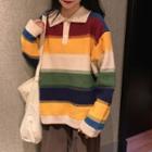 Polo-collar Color-block Stripe Knit Pullover Yellow & Black - One Size