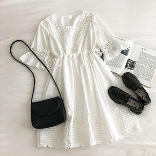 Plain V-neck Flare-sleeve Dress White - One Size
