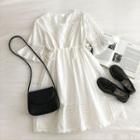 Plain V-neck Flare-sleeve Dress White - One Size