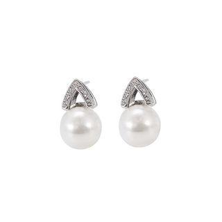 Sterling Silver Fashion Simple Geometric Triangle Freshwater Pearl Stud Earrings With Cubic Zirconia Silver - One Size