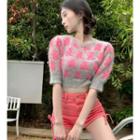 Short-sleeve Knit Crop Top Pink Bears - Gray - One Size