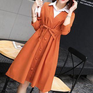 Color Panel Collared 3/4 Sleeve Dress
