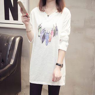 Feather Print Long-sleeve Long T-shirt