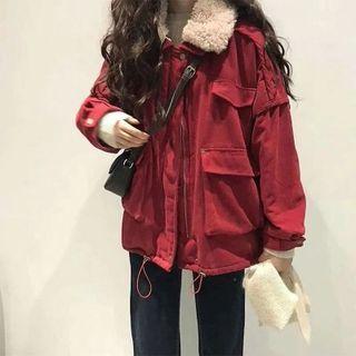 Fluffy Collar Zip Jacket / Straight Leg Jeans / Set