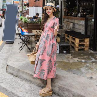 V-neck Pattern Midi Shirtdress