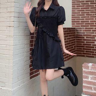 Puff-sleeve Frill Trim Drawstring A-line Dress